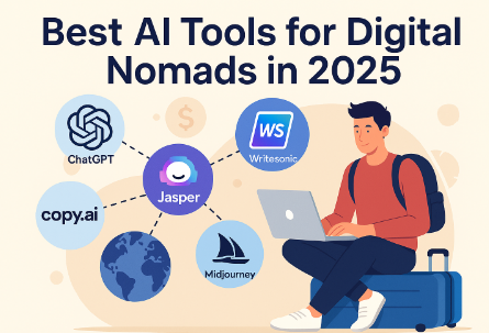 "Digital nomad using AI tools on a laptop while traveling, surrounded by nature and technology icons – blog header for Best AI Tools for Digital Nomads in 2025"