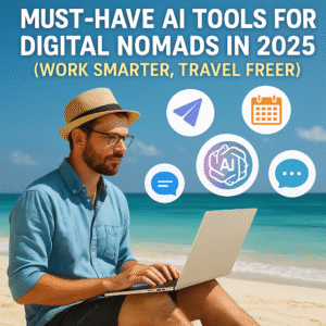 "Digital nomad working on a beach with a laptop, surrounded by floating AI icons, representing essential artificial intelligence tools for remote work in 2025."