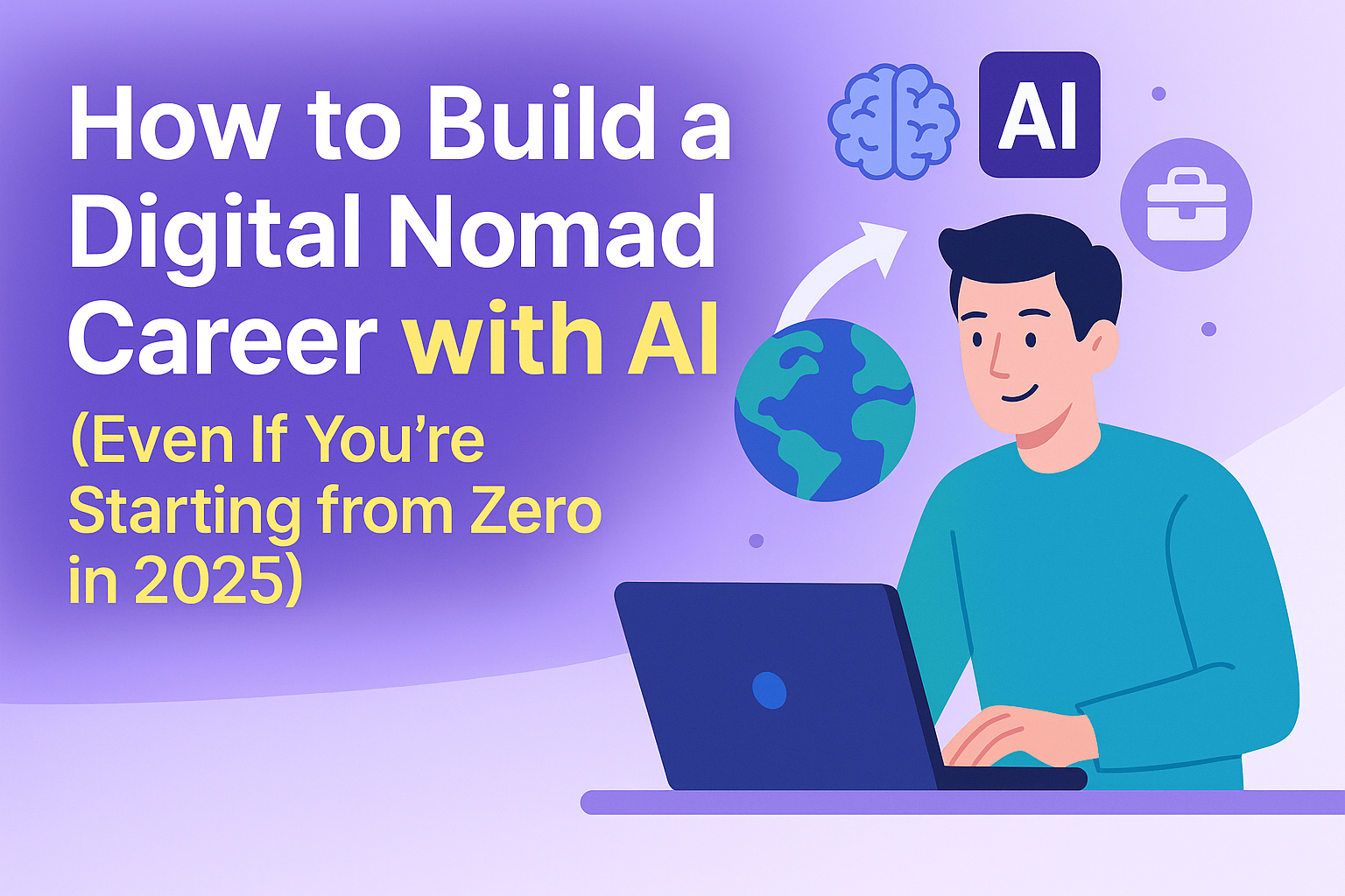 Illustration of a digital nomad starting a remote career with AI tools, featuring a laptop, tropical elements, and icons representing passive income and global freedom – perfect for a blog about starting your digital nomad journey.