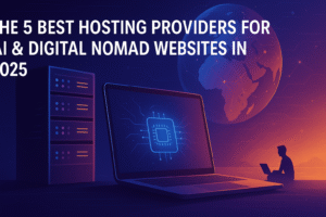 “Futuristic illustration of a laptop connected to server stacks and a globe, symbolizing AI‑optimized hosting for digital nomads in 2025.”