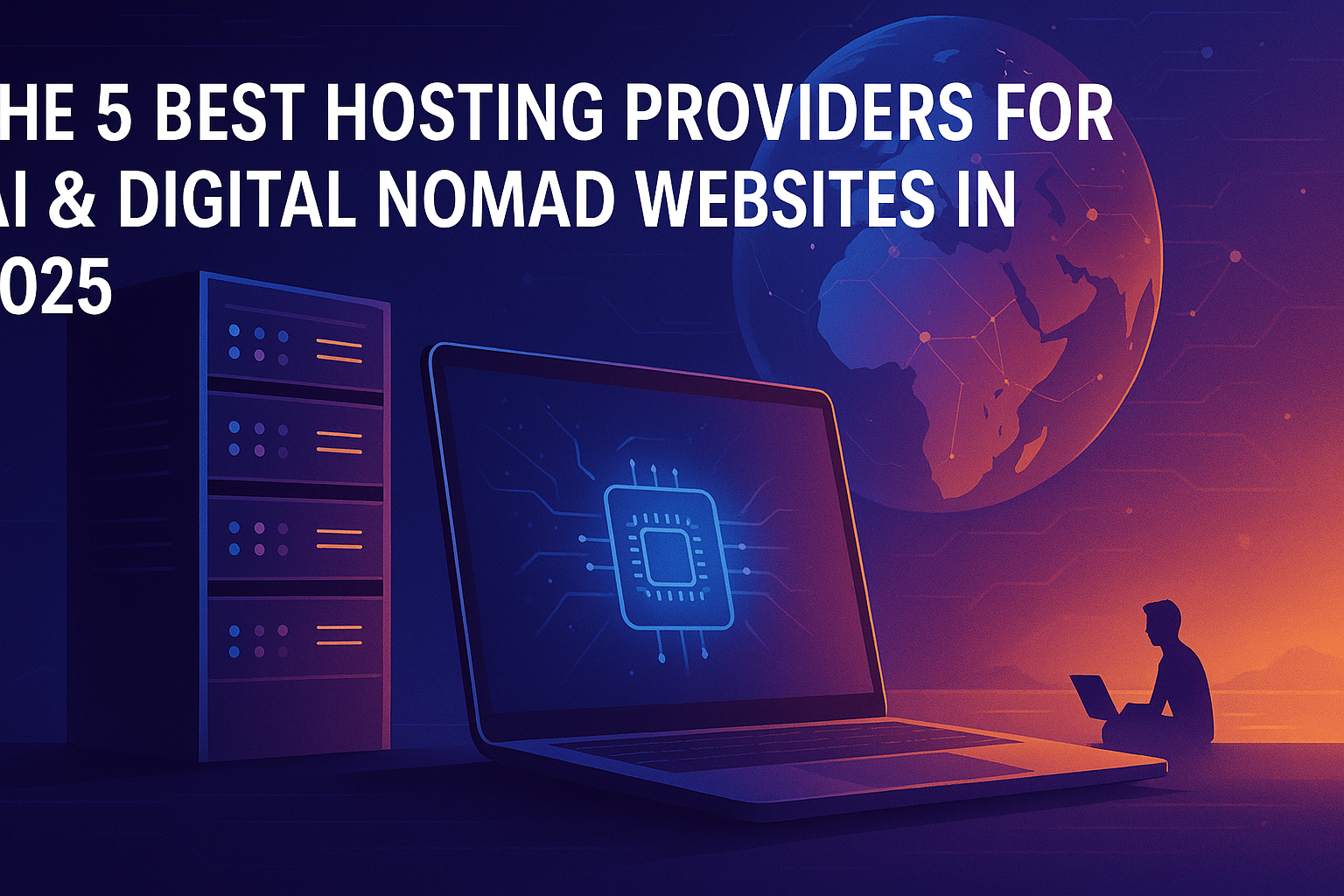 “Futuristic illustration of a laptop connected to server stacks and a globe, symbolizing AI‑optimized hosting for digital nomads in 2025.”
